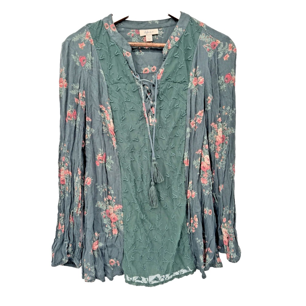 Style & Co Top Fairy Long Sleeve Green‎ Floral Peasant Boho Lace up tassels L